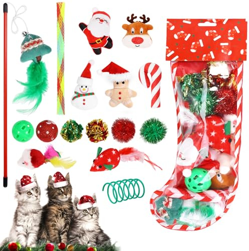homdat 16 Stück Katzenspielzeug Katze Toys Weihnachts Katzenspielzeug Geschenk Tasche Federspielzeug Bälle Verschiedene Spielzeug für Katze Kitty
