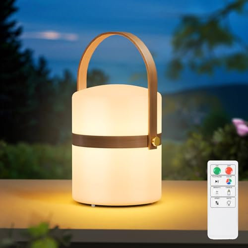 ​POWERBEAUTY Lámpara de Mesa LED de Exterior Inalámbrica de Bambú Asa de Transporte 8 Colores Recargable Lámpara de Mesa Regulable IP44 para Camping Jardín Balcón Terraza