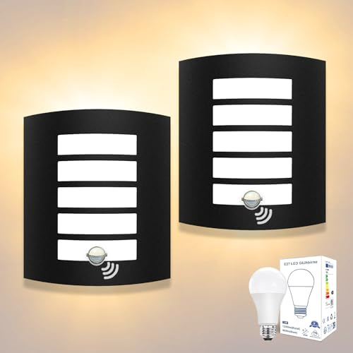 Unikcst 2er Set Außenwandleuchte mit Bewegungsmelder E27 Wandlampe IP44 | Integrierter Bewegungsmelder, IP44, inkl. 2x 12W E27 LED, 1200lm 3000K Warmweiß, Schwarz Matt, für Eingang und Hauswand