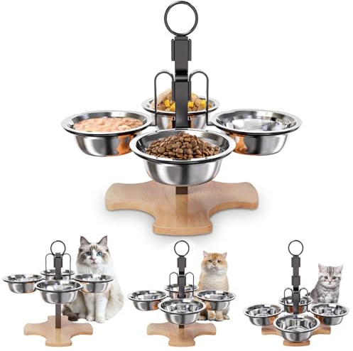 Adjustable Elevated Cat Bowls with Stand, 3 Height Raised Food & Water Bowl Set for Indoor Cats, 4 Stainless Steel Tilted Pet Dishes for Small Dogs, Non-Slip Feeding Station with Anti-Spill Design