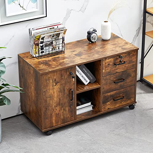 ZBAOLTO Abschließbarer Rollcontainer, mit 3 Schubladen Eine Tür,Braun Holz | 5 Rollen, für Büro, Homeoffice, Arbeitszimmer,90×40×57cm, stabiler Holzwerkstoff