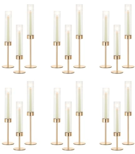 NUPTIO Hurricane Glass Candles Holder: 18 Pcs Gold Taper Candle Stick Holder Bulk - Modern Candlestick Decor with Tall Ribbed Chimney Sleeve for Thanksgiving Christmas Centerpiece