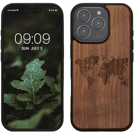 kwmobile Handyhülle für Apple iPhone 16 Pro Hülle Holz - Case mit TPU Bumper - Stoßfestes Hardcase - Schutzhülle Cover in Dunkelbraun