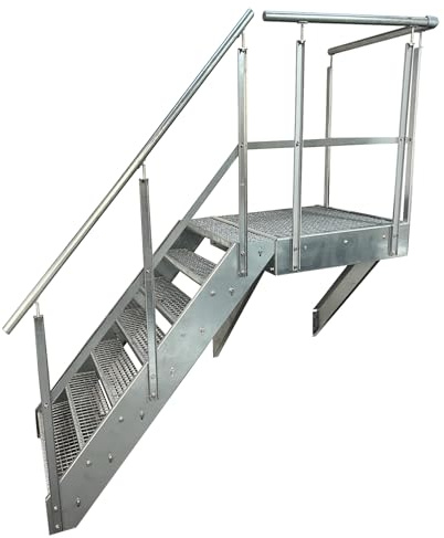 Kaminbau Mierzwa Premium Stahl Wangentreppe 7 Stufen Höhe 133 cm inklusive Podest 100x100cm mit oder ohne Geländer komplett verzinkt Wetterfest Gitterroststufe Gartentreppe (Ausrichtung Treppe Links)