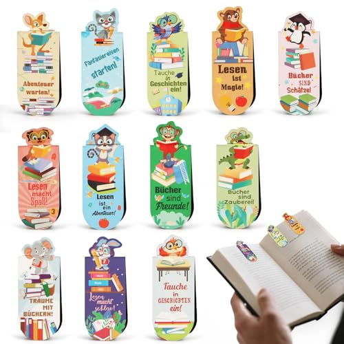Magnetische Lesezeichen Kinder 24 Stück Tiere Magnetische Lesezeichen mit Sprüchen über das Lesen, Lesezei-chen Kinder Einschulung, Kleine Geschenke für Schüler und Buchliebhaber Schultüte Füllung