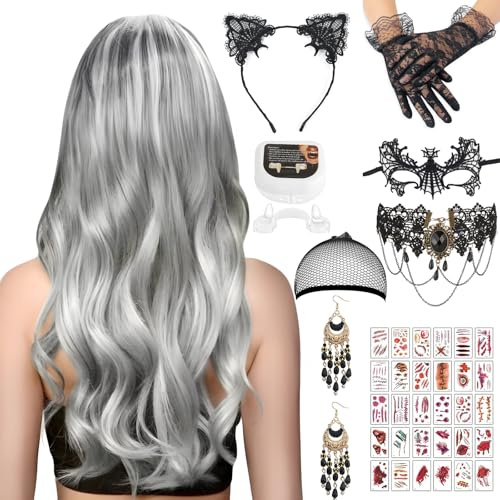 9 Stück Gotisch Damen Accessoires, Eine silberne Perücke mit Haarnetz, Lace Cat Ear Headpiece, Choker Schwarze Spitze, Gothic Schmuck Accessoires, Maske Spitze, 30 Stück Wunden Narben Kunstblut Gesich