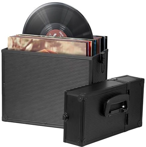 MOHOPE Vinyl Record Storage Box For Double LP Record Case Storage For 35 Single Records 7/10/12 Inch Record Crate Organizer Display Box With Lid Handle For Valuable Album Collection