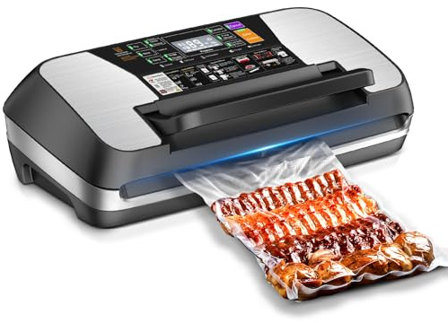 95 kPa Vakuumiergerät, Doppelte Schweißnaht Vakuumierer Für Lebensmittel Starke 10-in-1 Modus folienschweißgerät inkl. Schneider,1 Rollbeutel, 10 Vakuumbeutel und Schlauch