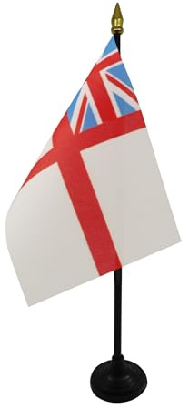 AZ FLAG White Ensign Table Flag 15x10 cm 100D Polyester Plastic Base | Indoor use St George's Ensign 4x6 in desk flag stitched finish with reinforced edges with plastic pole and gold finial