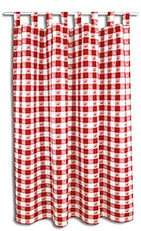 Dekoschal Karo mit Hirsch in Rot | Schlaufenschal aus hochwertigem Webware | rot-weißer Landhaus-Vorhang kariert | Blickdichte Übergardine mit 8 Schlaufen | Seitenschal Höhe x Breite 125 x 130 cm