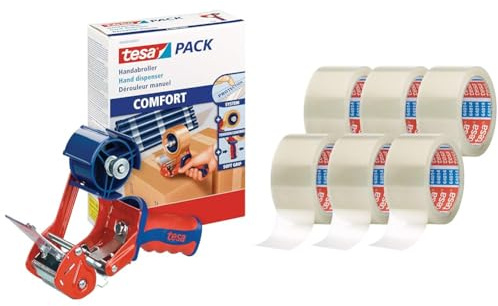 tesa 6400 packband handroller comfort – högklassig, robust rulle för paketband & tesa klassiskt Packtejp - 6 rullar transparent packtejp - Idealisk för lätta kartonger - till vanliga handdispensrar
