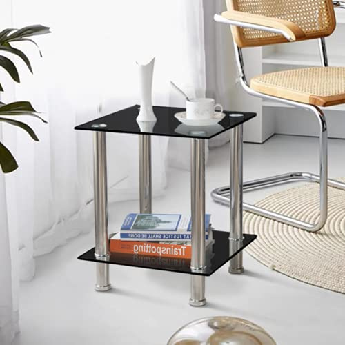 GOLDFAN 2-Tier Small Glass Coffee Table Corner Side End Table with Clear Glass and Stainless Steel Legs Living Room, Black