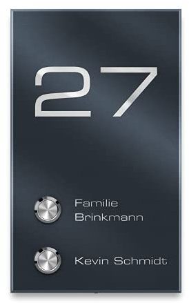 Metzler Mehrfamilien Funkklingel aus Edelstahl - Pulverbeschichtet RAL 9007 Graualuminium - 2-fach Kabellose Türklingel mit individueller Gravur - Hohe Reichweite - Aufputz-Montage - Größe: 12 x 20 cm