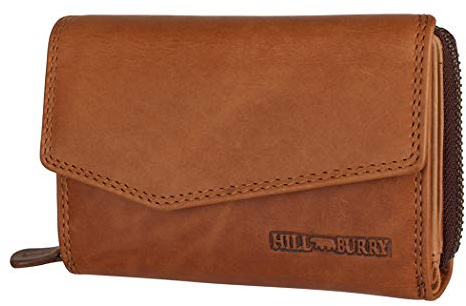 Hill Burry Damen Geldbörse Portemonnaie echt naturgegerbt Leder | Reißverschluss | praktisches Kleingeldfach | Brieftasche | Geldbeutel | Wallet | RFID Schutz Brown