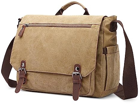 DORRISO Herren Umhängetasche Groß Messenger Bag 14 Zoll Laptoptasche für Herren mit Griff Vintage Schultertasche für Urlaub Lässig Geschäftsreise Täglich Canvas Herren Kuriertasche Khaki
