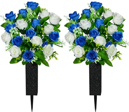 Kukooka Artificial Cemetery Flowers, Set of 2 Grave Memorial Flowers with Vase, Artificial Rose Bouquet for Cemetery Headstones Gravesites Decoration (Dark Blue & White)