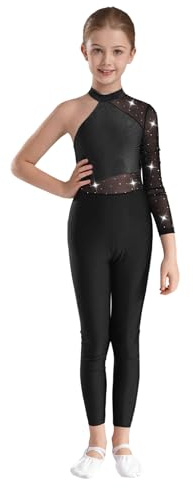 Fldy Kinder Ganzkörper Turnanzug Mädchen Ein-Langarm Gymnastikbody Glitzer Mesh Patchwork Ballett Trikot Tanz Overall Mit Strass Schwarz 170