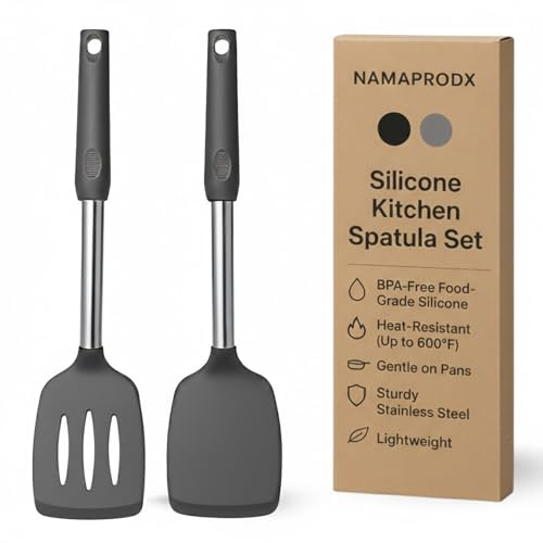 NAMAPRODX Silicone Spatula Set (2-Pc) - 600°F Heat Resistant, BPA Free, Non-Scratch, Dishwasher Safe I Slotted & Solid Kitchen Spatula Turners I Ideal for Eggs, Pancakes, Fish I Stainless Steel I Gray