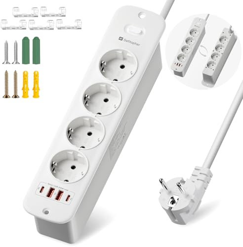 Sefitopher Ciabatta elettrica (12 in 1) 8 prese con 4 USB PD 20 W, presa da incasso con interruttore, cavo da 2 metri per telefono ed elettrodomestici per uffici, scrivania o camera da letto, 4000 W