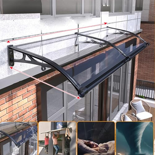 Auvent de porte d'entrée extérieure avec grande planche d'évier en aluminium noir support transparent pour fenêtre de jardin, terrasse, porche, abri de toit (150 x 130 cm)