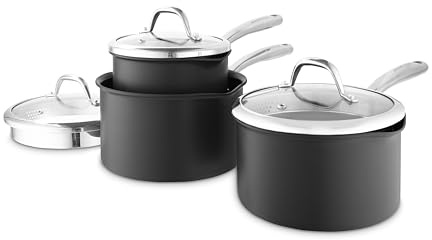 Good Food in Partnership with Tower Hard Anodised 3 Piece Saucepan Set 16cm, 18cm & 20cm with Tempered Glass Lids, 10x Stronger Superior Ceramic Non-Stick Coating, Induction Compatible, Grey