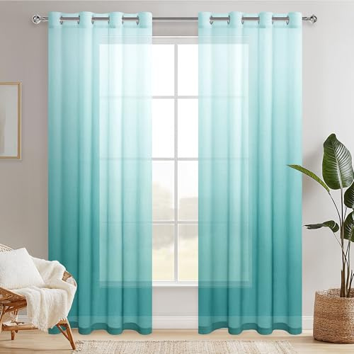 Hiasan Sheer Vorhänge mit Ösen Farbverlauf Transparent Fensterschal Vorhang Voile Gardinen für Schlafzimmer und Wohnzimmer, 225 cm x 140 cm(H x B) 2er Set Weiß Blau Grün