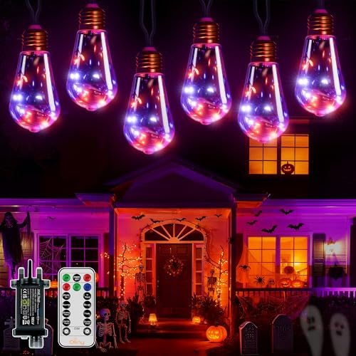 Ollny Halloween Lights 10m Hemp Rope Festoon Light Mains Powered, Fairy String with 24 S17 Bulbs/240 LEDs/Remote/Plug/Modes/Timer, Purple and Orange Lighting for Indoor Outside Outdoor Garden Decs