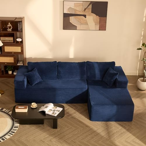 Litbird Modulares L-förmiges Ecksofa mit Schlaffunktion – rahmenloses Schlafsofa mit Chaiselongue rechts, extra tiefer Sitzfläche, montagefrei, für Wohnzimmer,Navyblau