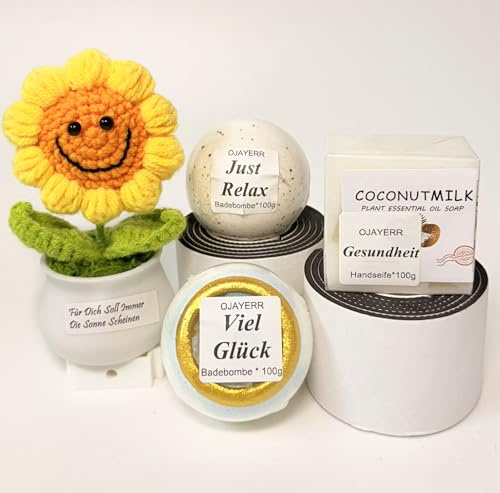 Positive Sonnenblume Geschenk Frau - Für Dich Soll Immer Die Sonne Scheinen | Geburtstagsgeschenk gehäkelte Sonnenblume Badebomben Seife Sonnenschein Geschenkset