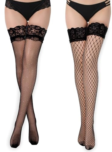 APLZGMG 2 Pair Rhinestone Fishnets Thigh High Stockings, 2 Styles Black Lace Socks, Sparkle Fishnet Tights for Women, Sexy Lace Top Silicone Socks for Halloween Christmas Cosplay Clothing Accessories