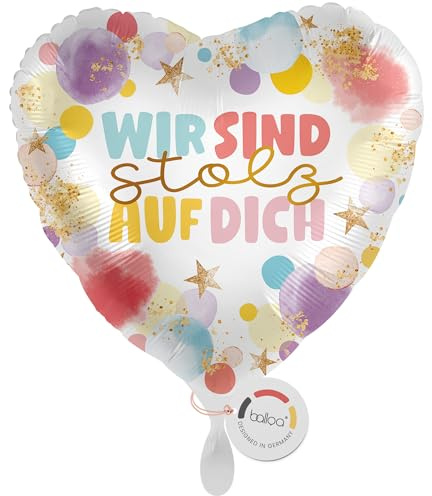 balloa Folienballon Wir sind stolz auf dich, Geschenk zur Gratulation, Herzballon bunt mit Aufschrift, Helium geeignet Luftballon, Deko Geschenkidee für Prüfung Feier Party, 33cm