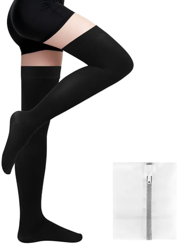 AOOSA Closed Toe Thigh High Compression Stockings for Women & Men, Soft Elastic Breathable Compression Socks with Sock washing bag, Firm 23-32 mmHg Graduated Support for Varicose Veins, Edema(L)