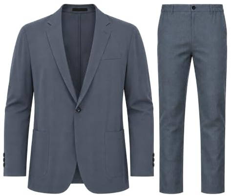 YFFUSHI Costume Homme en Lin Mélangé 2 Pièces Veste et Pantalon | Regular Fit, Revers Classiques, 1 Bouton, Fente Centrale, Respirante, Été Set, Décontracté, Affaires