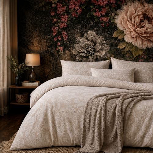 Bettwäsche 155x220 cm 2-teilig – Beige Creme Bettbezug mit Elegantem Spitzen & Ornament Muster – 1x Bettbezug 155x220 + 1x Kissenbezug 80x80 – Renforcé Baumwolle – Ganzjahresbettwäsche, Ornella