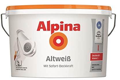 Alpina Altweiß Innenfarbe – matt – das gedecktes Weiß erzeugt eine angenehme Wohnatmosphäre – hohe Deckkraft & leicht zu verarbeiten – 5L