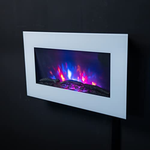 2025 TRUFLAME WHITE FLAT GLASS LED WALL MOUNTED ELECTRIC FIRE - PEBBLES AND LOGS!