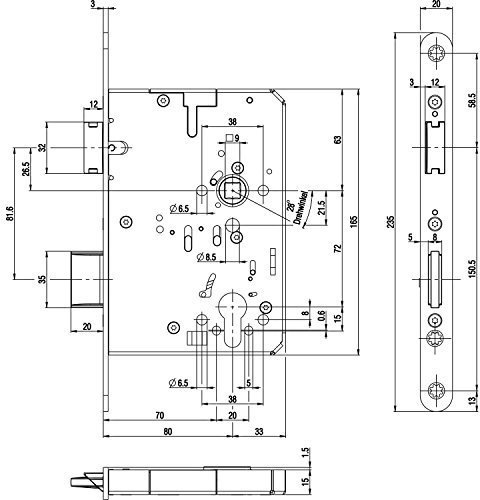 Fluchttürschloss B-23200-06-L-8 1-flg. Funk. B, Rundstulp 20,PZ 80 links
