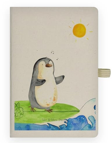 Mr. & Mrs. Panda DIN A4 Baumwoll Notizbuch Pinguin Surfer - Geschenk, Pinguine, Schreibheft, Wellen, Wellen reiten, Urlaub, Eintragebuch, Tagebuch,