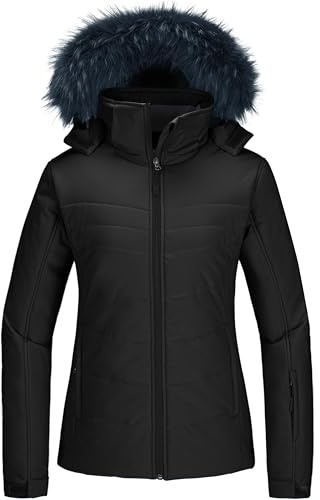 Skieer Women's Waterproof Ski Jacket Warm Winter Snow Coat Windproof Hooded Rain Jacket Black L
