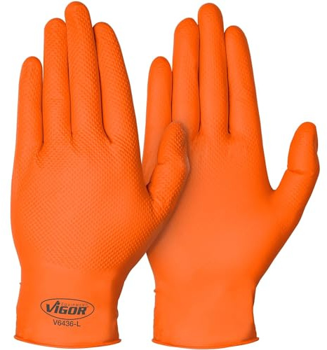 Guantes de nitrilo ViGOR V6436-L 100 unidades I Excelente adherencia, incluso al manipular aceite, grasa, productos químicos y suciedad I Guantes para pantallas táctiles I Color: naranja (L)