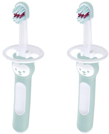 MAM Set de Cepillo de Dientes para Bebé, Mango Compacto, Ergonómico y Antideslizante, para Primeros Dientes, con Protector de Seguridad, Cabezal muy Pequeño y Cerdas Extra Suaves, Azul, Pack 2