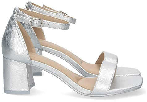 shoes&blues.es 71370-Sandalia de Tacon para Mujer, Comoda, con Estampado Brillante, y Cierre Ankle Strap de Hebilla, Primavera Verano 2023. Talla 38 Plata