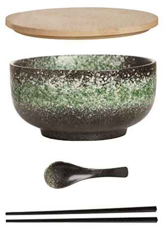 Cteahrow Set di ciotole in ceramica per ramen (4 pezzi) con bacchette a cucchiaio ， scodella per zuppa grande da 1100 ML, insalatiere per zuppa, ciotola per pho e sushi (Set di ciotole verdi)