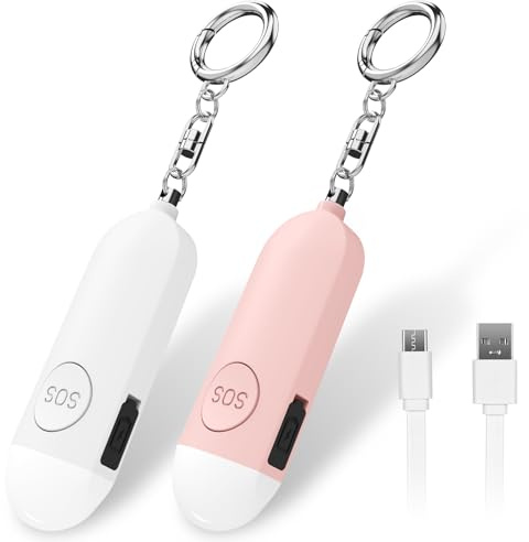 Qoosea 2 Taschenalarm mit 130 dB Persönlicher Alarm Safesound Persönlicher Sicherheitsalarm Wiederaufladbare Sirene Polizei genehmigte Panik Alarm mit LED-Licht, Schlüsselanhänger (Weiß+Rosa)