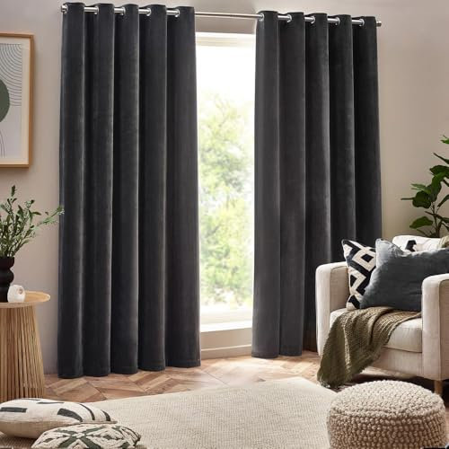 furn. Yard Heavy Chenille Eyelet Curtain Pair – Lined Room Darkening Soft Velvet Curtains (Charcoal - Width 229 x Drop 183cm)