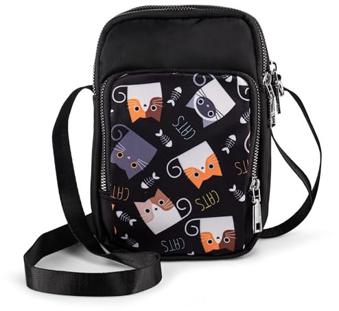 LaRechor Kleine Umhängetasche für Damen Handytasche zum Umhängen Mini Tasche mit Katze Muster Crossbody Bag mit 3 Fächer