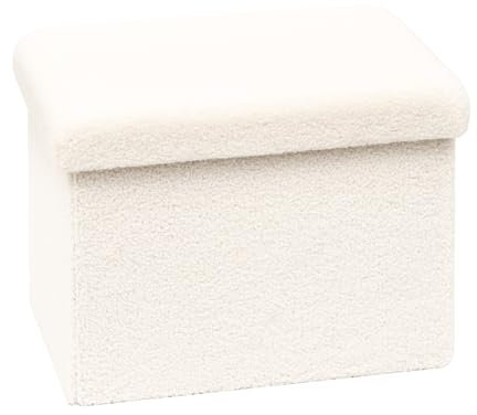 Bonlife Sitzhocker Sitzwürfel mit Stauraum, Faltbare Sitzwürfel mit Deckel, Fleece Fußbank Truhen Aufbewahrungsbox, Weiß, 42x32x32cm