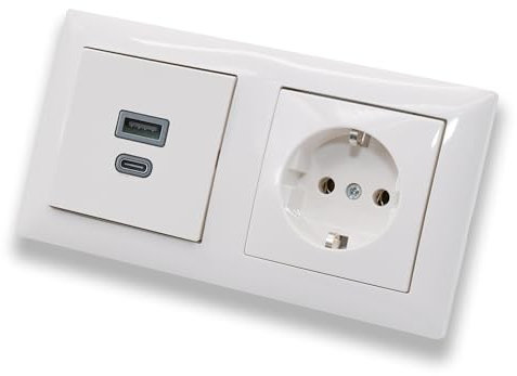 EBROM USB-C und USB-A Unterputz Steckdose/Lader, 45+15 Watt Leistung, Schnellladefunktion für Wearables Smartphones und Tablets + Busch Steckdose mit Kinderschutz 20EUCKS-914 in Balance Si alpinweiß