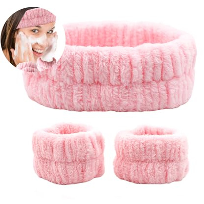3 Stück Spa Gesicht Stirnband Handgelenk Waschbänder Set, Saugfähiges Makeup Haarband Gesicht Wasch Armbänder, Elastisches Abschmink Haarband Handgelenk zum Waschen des Gesichts (Rose)