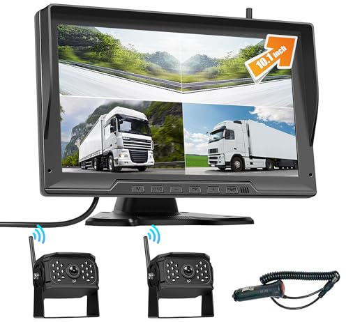 CAMECHO DVR Inalámbrico Cámara de Marcha atrás Set con 10 Pulgadas IPS Monitor +2 Cámaras, Soporte Loop Recording/Split View/Image Flip para Camión/Bus/Van/Agricultura